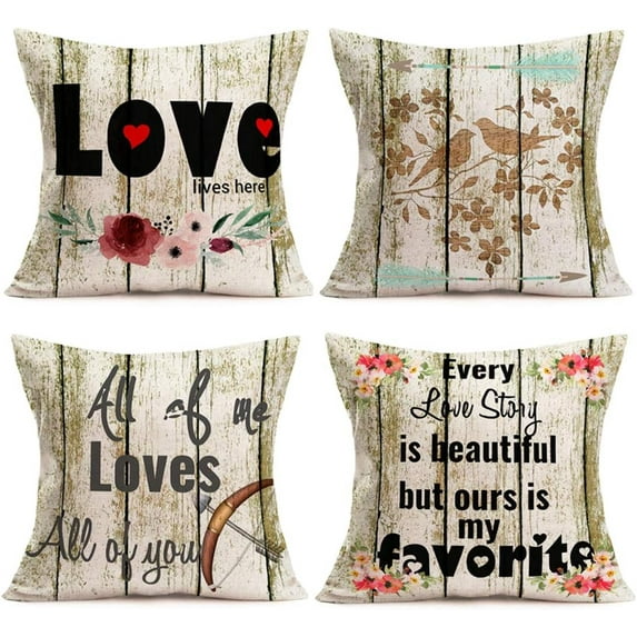 Wood Valentine''s Day Love Throw Pillow Case Cushion Cover Cotton Linen Vintage Wood Grain Bird Heart Arrow Flower Decor Pillow Covers Set of 4 Valentine''s Day 18x18 (Love Set)