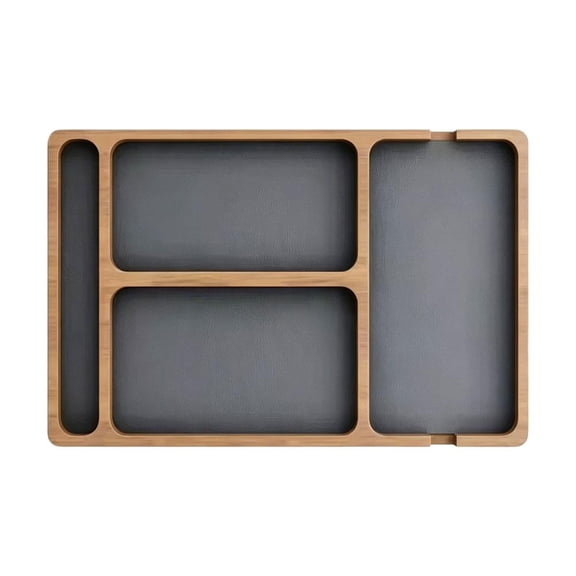 Wood Valet Tray with PU Leather Lining, Divided Desktop Organizer for Phone, Wallet, Keys, Watch & Everyday Carry, Nightstand Office, Vintage Brown