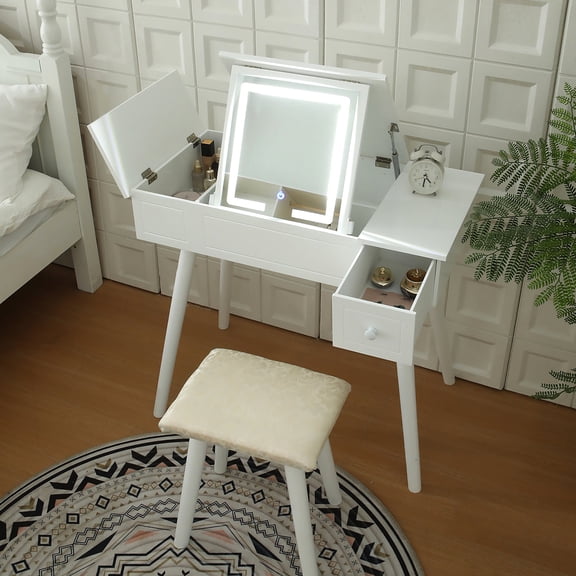 Wood Vanity Table with 3 Lighting Modes & Side Drawer / Enhance Makeup Experience