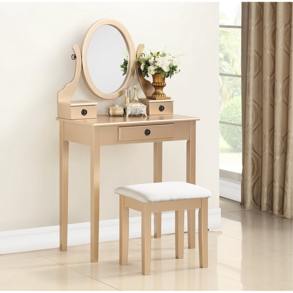 Wood Vanity Table with Mirror, Stool and 3 Storage / Useful for Bedroom Cosmetic Display