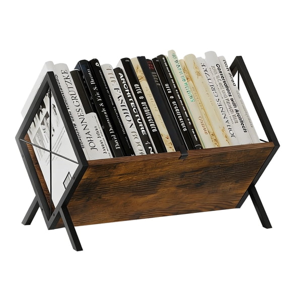 Wood Vinyl Record Storage Rack, LP Record Storage Holder with Metal Frame, Album Organizer for Vinyls and CDs, Sturdy,15.7x8.7x12 in, Brown