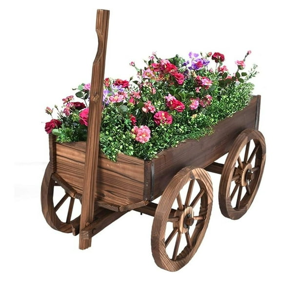 Amish Wood Wagon with Wheels, Large Outdoor Planter Stand for Flowers Pots Tools, Decorative Rolling Garden Cart with Drainage Holes, Brown