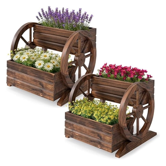 Wood Wagon Planter Box, 2-Tier Rustic Raised Garden Bed w/Wheels, Drainage Holes for Vegetables Flowers, Indoor Outdoor Decorative Planter Container Flower Cart for Patio Balcony (2)