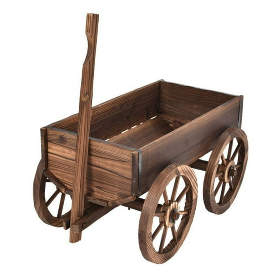Wood Wagon Planter Stand with Wheels, Fir Wood Plant Cart, Outdoor Garden Decor, Rolling Flower Pot Holder, 29.5" x 17" x 21"