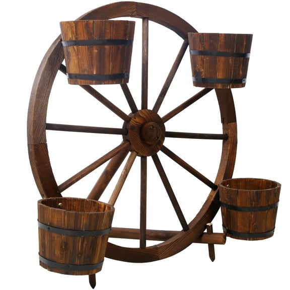 Wood Wagon Wheel Barrel Planter,Wagon Wheel Barrel Planter Display Garden Planter for Flowers Herbs Vegetables for Indoor & Outdoor Dcor,Wooden Flower Cart for Patio Garden Balcony Decoration.