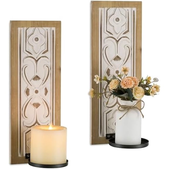 Wood Wall Candle Holder for Farmhouse -  Decorative Pillar Candle Holders for Wall Decor Vintage Shabby-Chic Wooden Candle Sconces Set of Two for Fireplace Living Room Bedroom