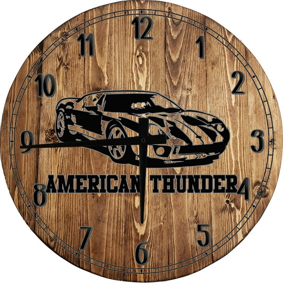 Wood Wall Clock 12 Inch American Thunder GT40 GT350 Racing Shadow Racing Round Small Battery Operated Brown Wall Art