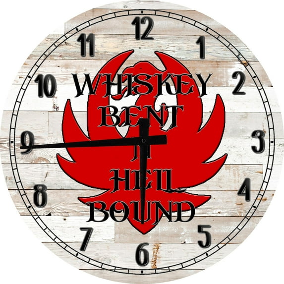 Wood Wall Clock 12 Inch Bar Wall Art Whiskey Bent Hell Bound Eagle Round Small Battery Operated White