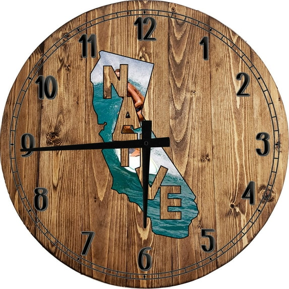 Wood Wall Clock 12 Inch Beachy Wall Art Native California Surfing Waves Ocean Summer Round Small Battery Operated
