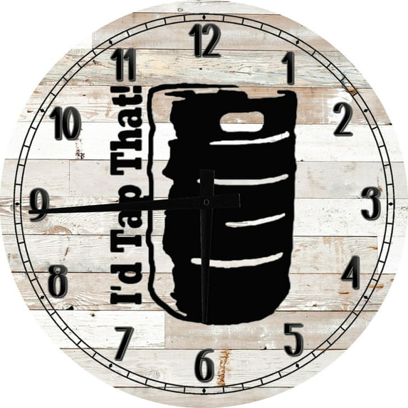 Wood Wall Clock 12 Inch Beer Wall Art I'd Tap That Beer Drinking Keg Bartender College Round Small Battery Operated White