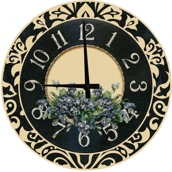 Wood Wall Clock 12 Inch Blue Flower Black Ivory Farmhouse Round Small Battery Operated Wall Art