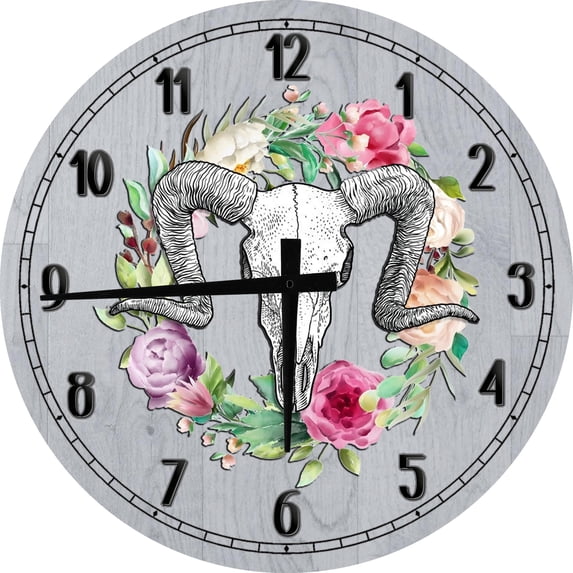 Wood Wall Clock 12 Inch Boho Wall Art Boho Skull Round Small Battery Operated Gray