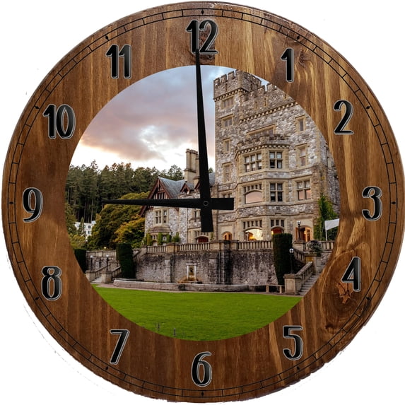Wood Wall Clock 12 Inch Castle Wall Art Vintage for Round Small Battery Operated Gray