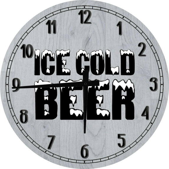 Wood Wall Clock 12 Inch Clock for Men Ice Cold Beer Drinking Round Small Battery Operated Gray