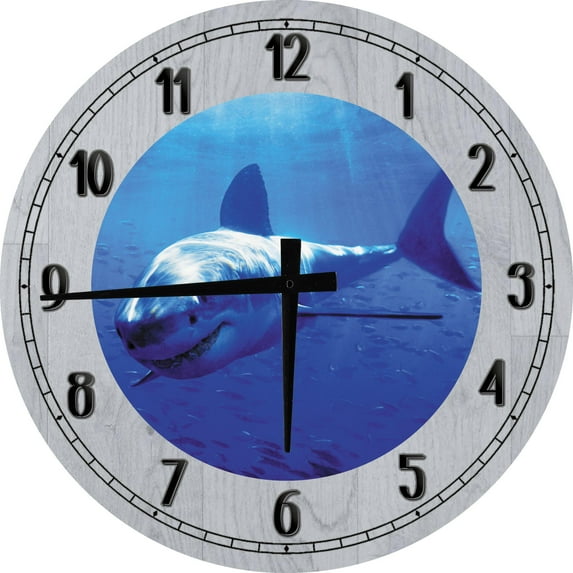 Wood Wall Clock 12 Inch Great White Shark Scuba Diver View Round Small Battery Operated Gray Wall Art
