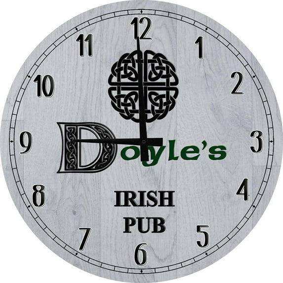 Wood Wall Clock 12 Inch Irish Celtic Knot Last Name Round Small Battery Operated Gray Wall Art
