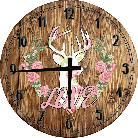 Wood Wall Clock 12 Inch Love Deer Flower Reef Round Small Battery Operated Brown Wall Art