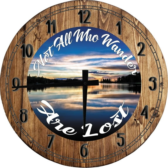 Wood Wall Clock 12 Inch Not All Who Wander Are Lost Lake Sun Rise Set Round Small Battery Operated Brown Wall Art