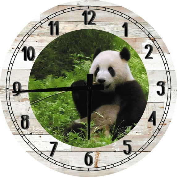 Wood Wall Clock 12 Inch Panda Wall Art Lazy Panda Chewing on Bamboo Round Small Battery Operated White