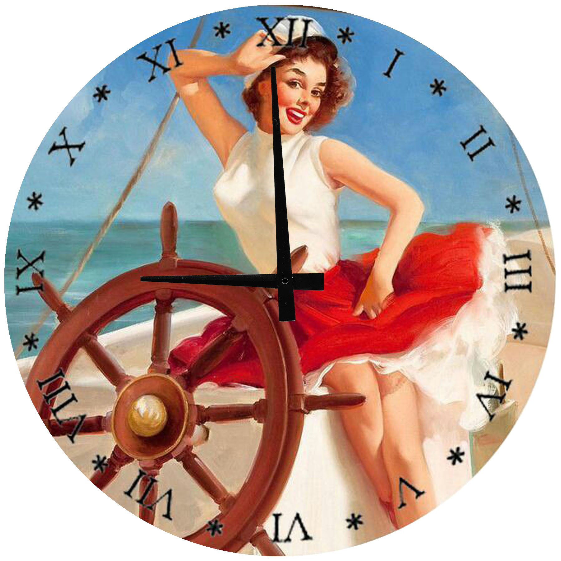 Wood Wall Clock 12 Inch Pinup Girl Nautical Ocean Round Small Battery ...