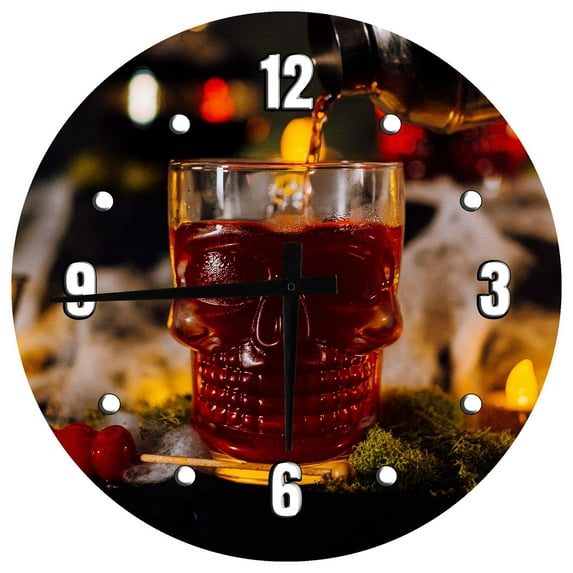 Wood Wall Clock 12 Inch Skull Glass Mixed Drink Round Small Battery Operated Wall Art