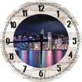 thumbnail image 1 of Wood Wall Clock 12 Inch Skyline Wall Art City on The Water Neon Lights Reflections Round Small Battery Operated White, 1 of 3