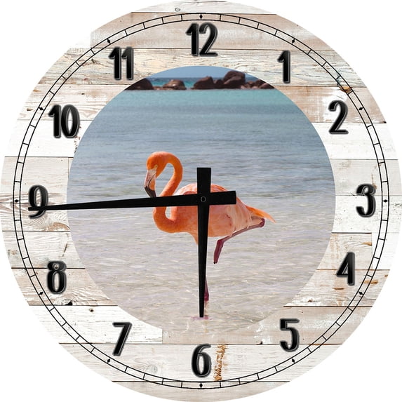 Wood Wall Clock 12 Inch Tropical for Kitchen Flamingo Wall Art Round Small Battery Operated White