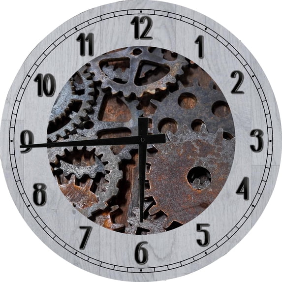 Wood Wall Clock 12 Inch Vintage Rustic Gear Wall Art for Office Round Small Battery Operated Gray