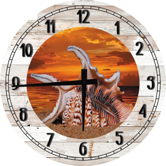 Wood Wall Clock 18 Inch Round Beachy Wall Art Seashell Sea life on Sandy Beach Orange Sunset Sky Reflecting on Round Small Battery Operated White