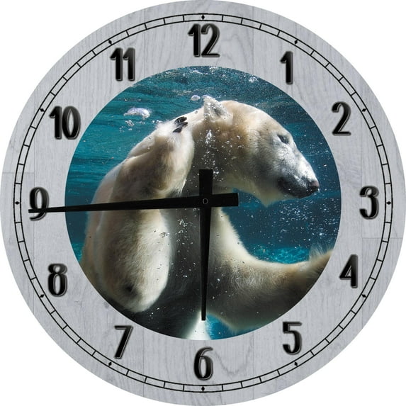Wood Wall Clock 18 Inch Round Bear Wall Art Polar Bear Swimming Artic ICY Ocean Round Small Battery Operated Gray