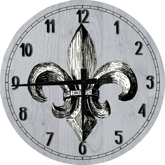 Wood Wall Clock 18 Inch Round Black and Grey Fleur de Lis Wall Art for Kitchen Round Small Battery Operated Gray