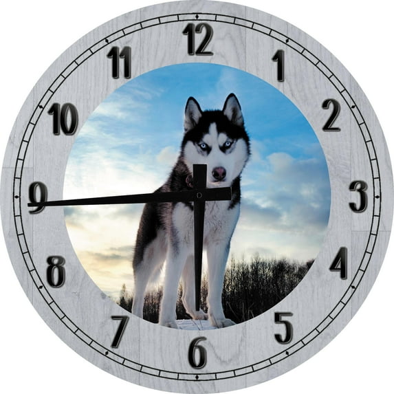 Wood Wall Clock 18 Inch Round Blue Eyed Husky American Dog K9 Wolf Round Small Battery Operated Gray Wall Art