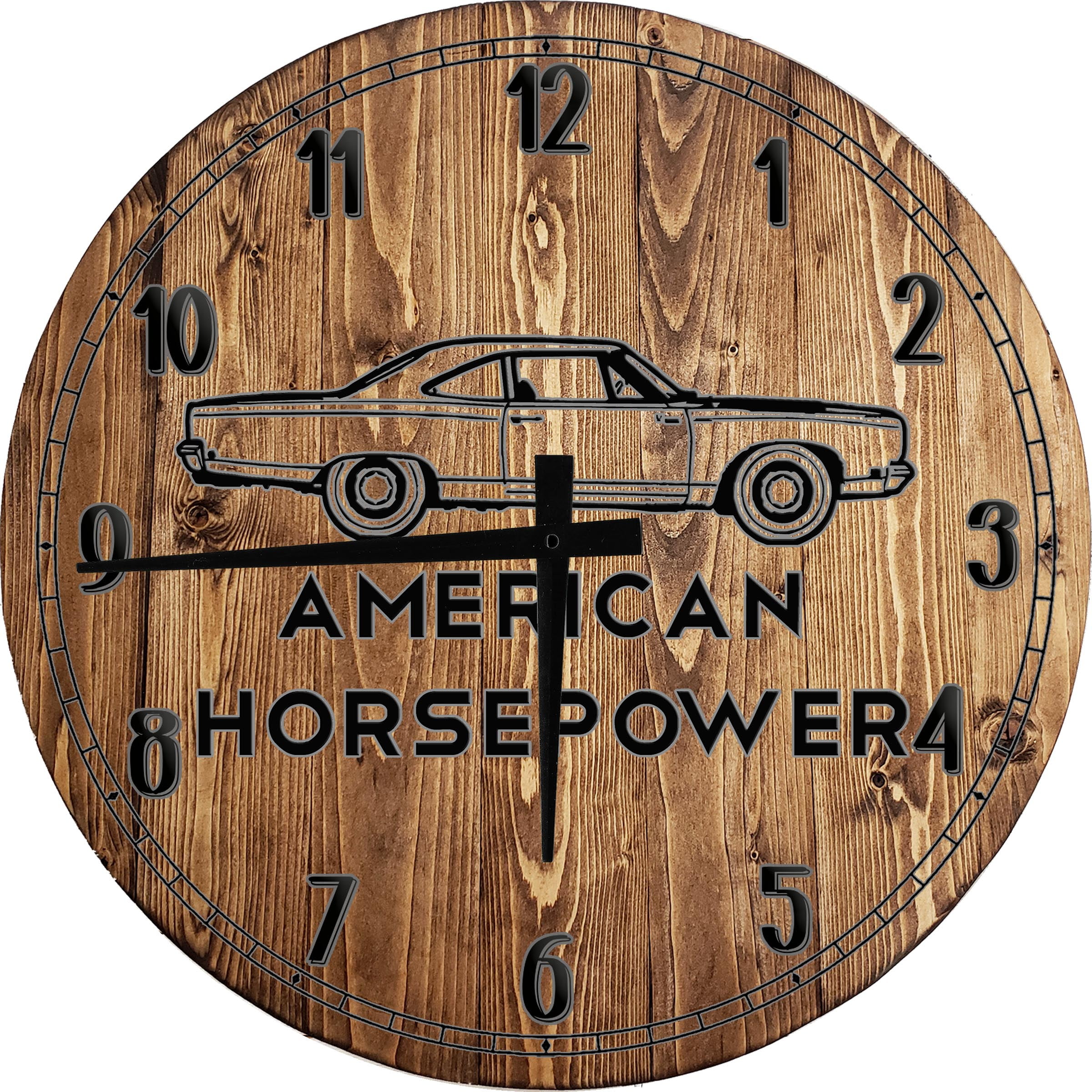 Wood Wall Clock 18 Inch Round Car Wall Art American Horsepower muscle ...