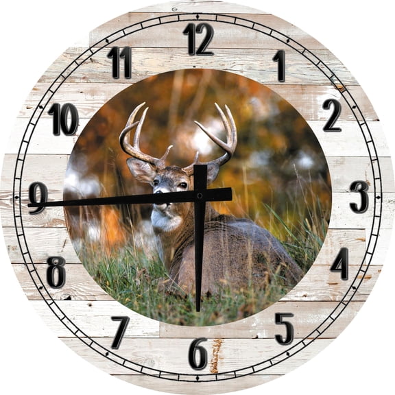 Wood Wall Clock 18 Inch Round Deer Wall Art Big Buck Laying in The Woods Peacefully Wildlife Round Small Battery Operated White