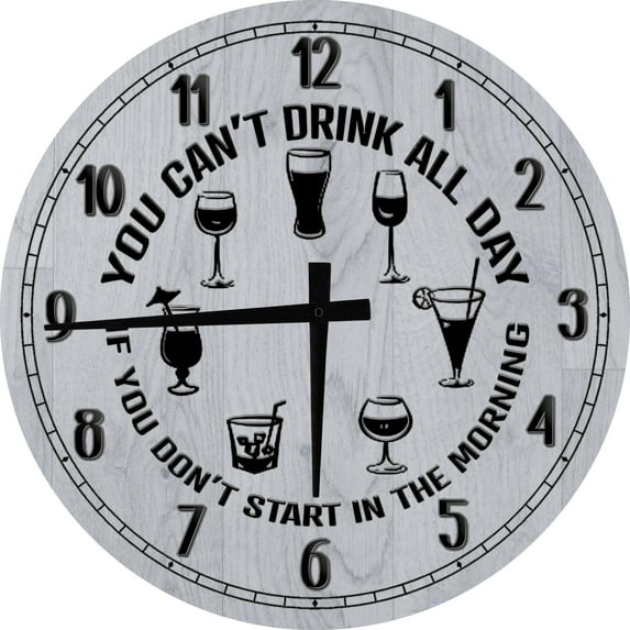 Wood Wall Clock 18 Inch Round Drink All Day Morning Clock Round Small Battery Operated Gray