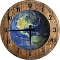 thumbnail image 1 of Wood Wall Clock 18 Inch Round Earth View from Space - Globe World Round Small Battery Operated Brown Wall Art, 1 of 4