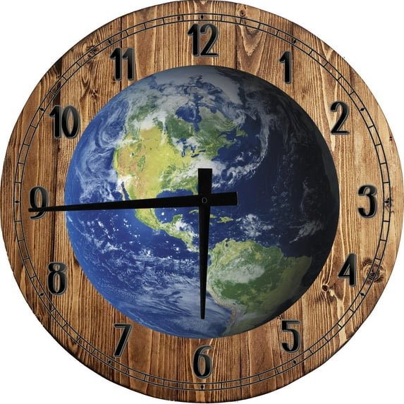 Wood Wall Clock 18 Inch Round Earth View from Space - Globe World Round Small Battery Operated Brown Wall Art
