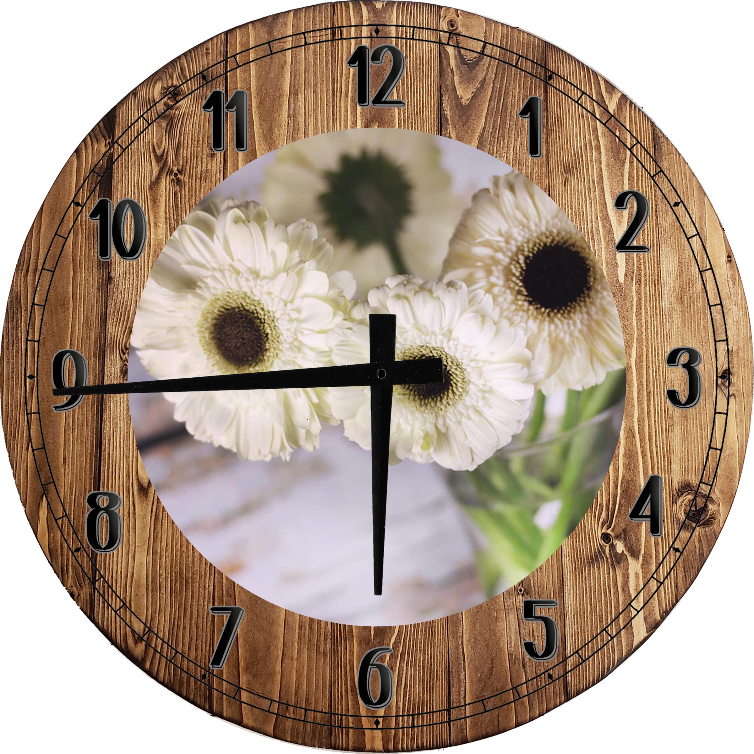 Wood Wall Clock 18 Inch Round Farmhouse Fresh Flowers White Wall Art ...