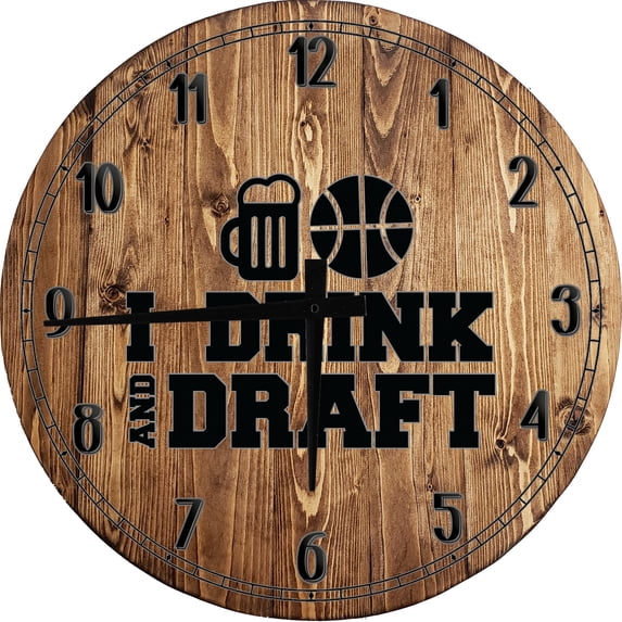Wood Wall Clock 18 Inch Round I drink and draft funny basketball bet brackets sports beer hoops Round Small Battery Operated Brown Wall Art