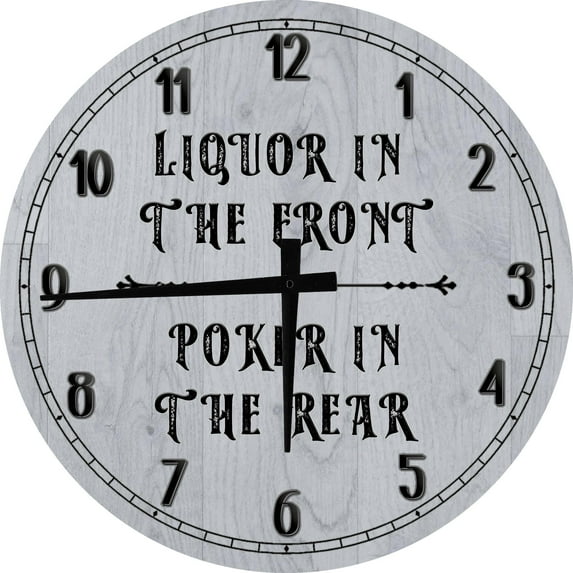 Wood Wall Clock 18 Inch Round Liquor in Front Poker in Back Round Small Battery Operated Gray Wall Art