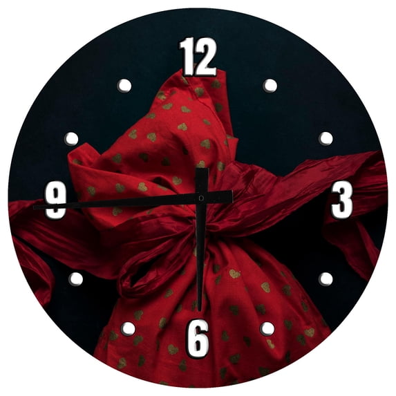 Wood Wall Clock 18 Inch Round Red Material Wrapped in Bow Round Small Battery Operated Wall Art