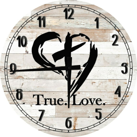 Wood Wall Clock 18 Inch Round Religious Wall Art Jesus Christ - GOD - True Love Heart Cross Round Small Battery Operated White