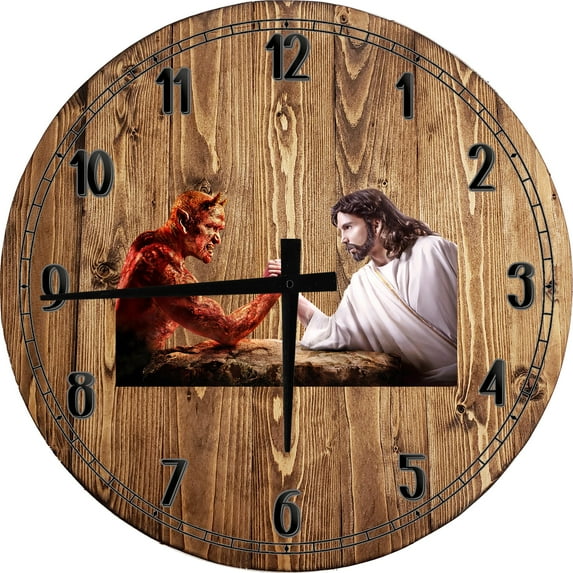 Wood Wall Clock 18 Inch Round Religious Wall Art Jesus Christ vs Devil Good Versus Evil Arm Wrestling Round Small Battery Operated