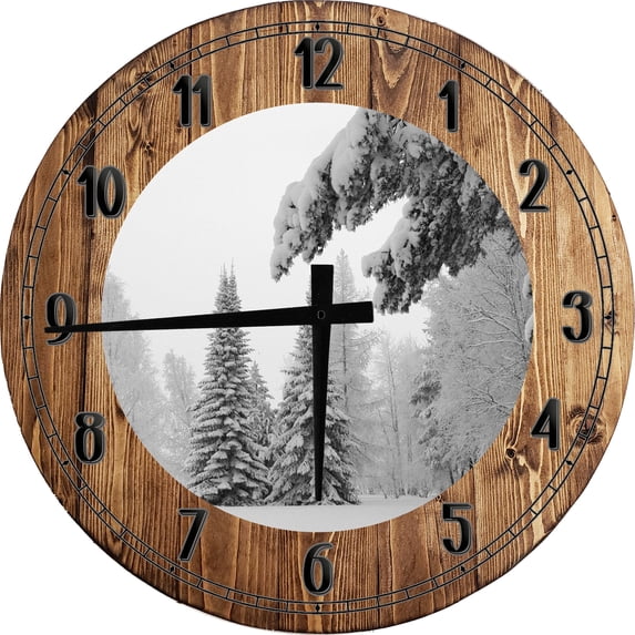 Wood Wall Clock 18 Inch Round Snow Wall Art Winter Wonderland Snow Covered Pines Round Small Battery Operated