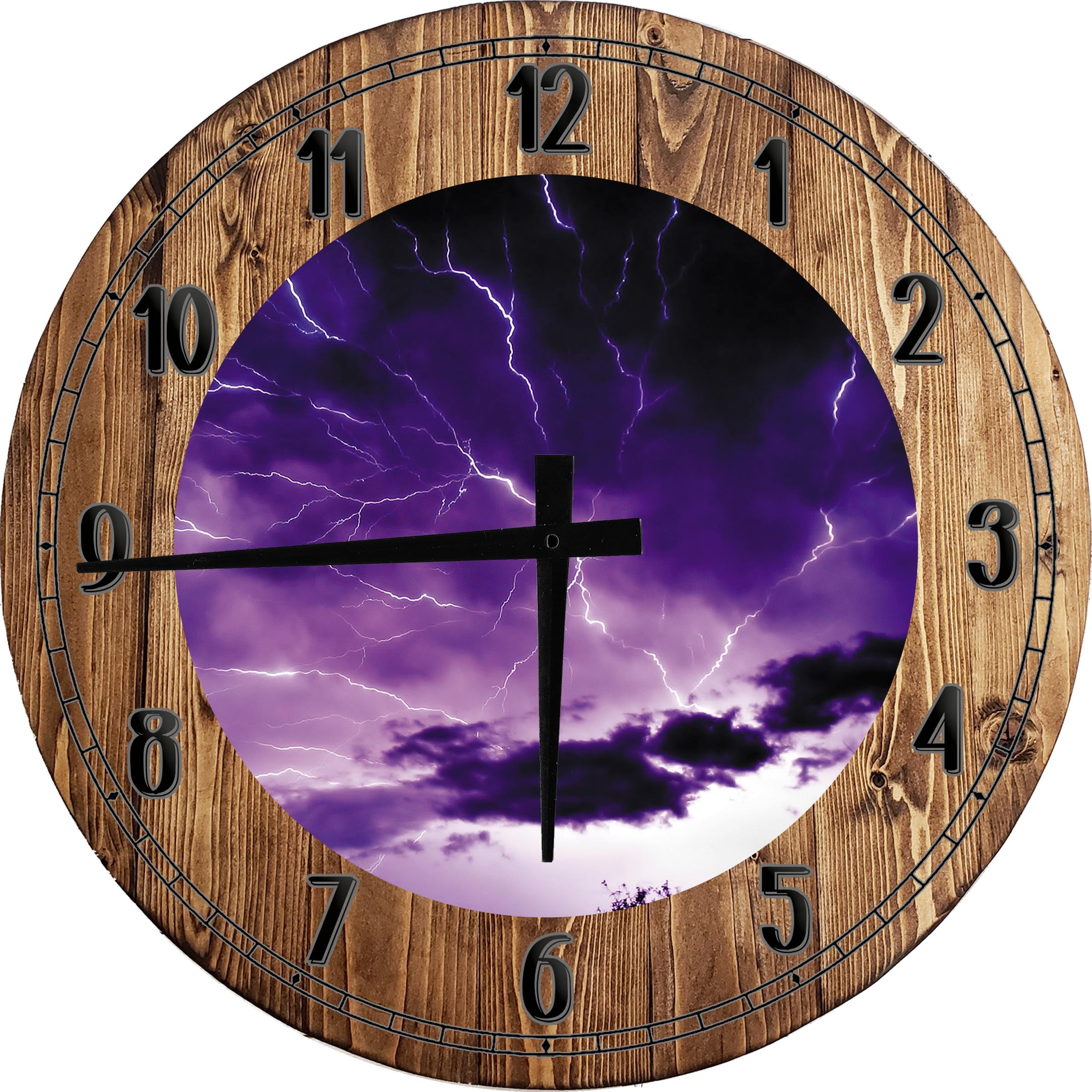 Wood Wall Clock 18 Inch Round Storm Wall Art Lightning Storm Electric