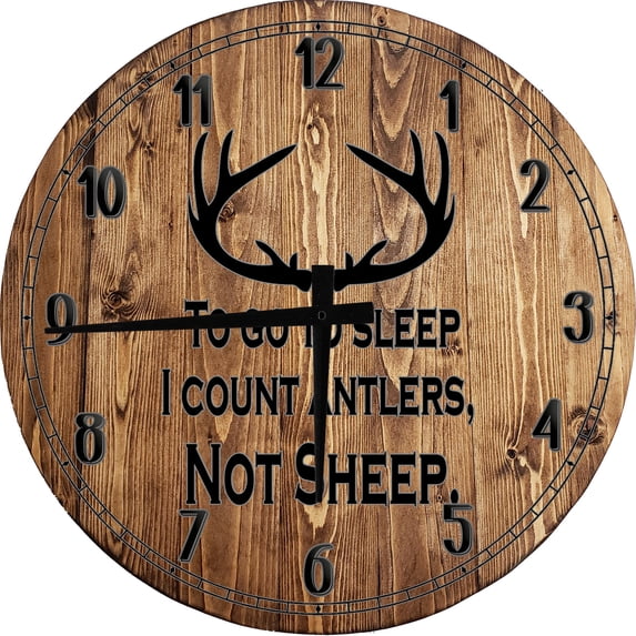 Wood Wall Clock 18 Inch Round To Sleep I Count Antlers Not Sheep Deer Hunters Prayer Round Small Battery Operated Brown Wall Art