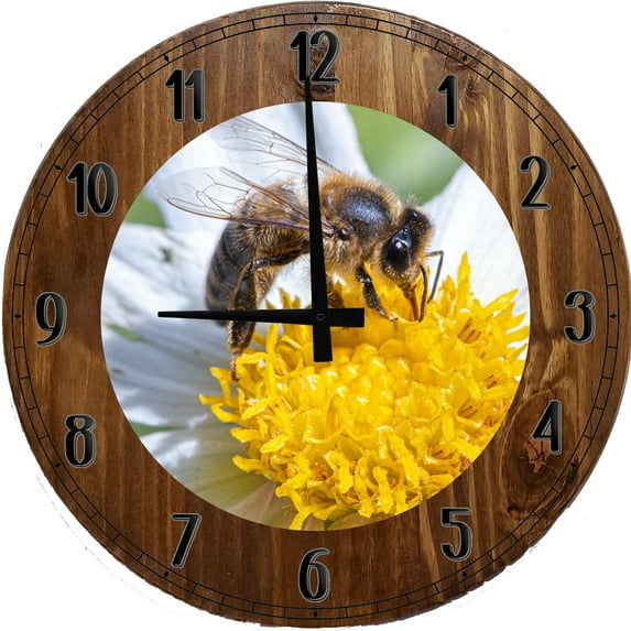 Wood Wall Clock 18 Inch Round White Flower Bee Decorations Bee Wall Art for Round Small Battery Operated Gray