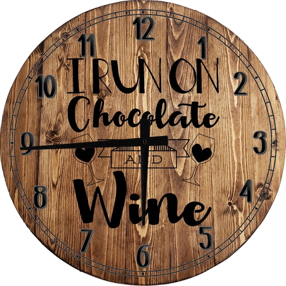Wood Wall Clock 18 Inch Round Wine Wall Art I Run on Chocolate and Wine Funny Girl Drinking and Sweets Lover Round Small Battery Operated