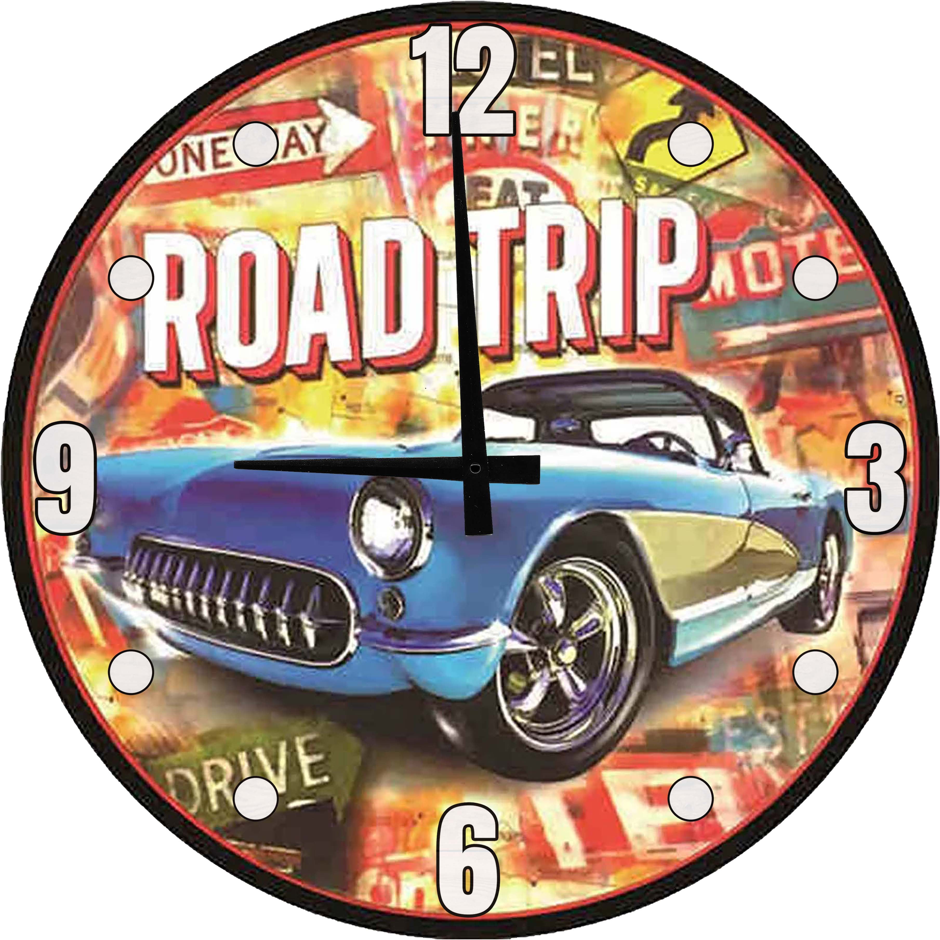 Wood Wall Clock Road Trip Original Classic Car Garage Large Wall Clock ...