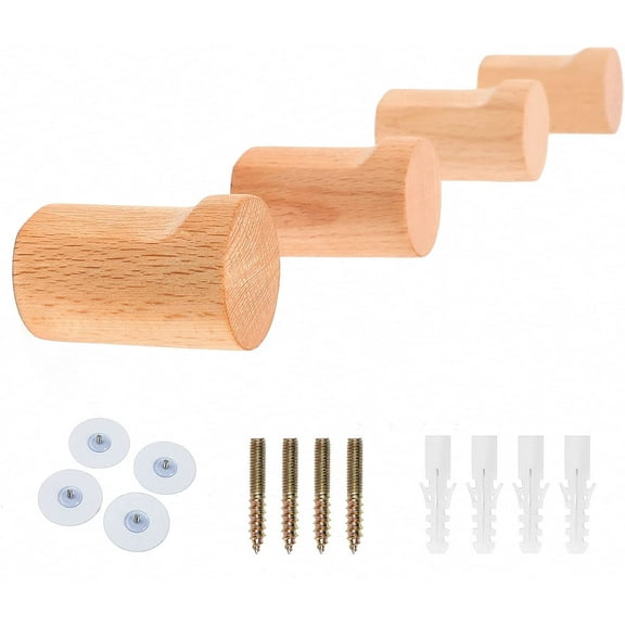 Wood Wall Hooks 4 Pack Coat Hooks Wall Mounted Solid Wooden Decorative Hat Hooks,Cloth Hanger Set 4(Beech Wood)